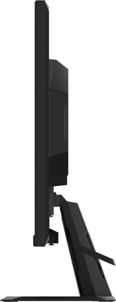 Vue de profil de l'écran PC gamer GIGABYTE 27 pouces montrant la finesse de la dalle noire et son pied de support incliné vers l'arrière pour une stabilité optimale