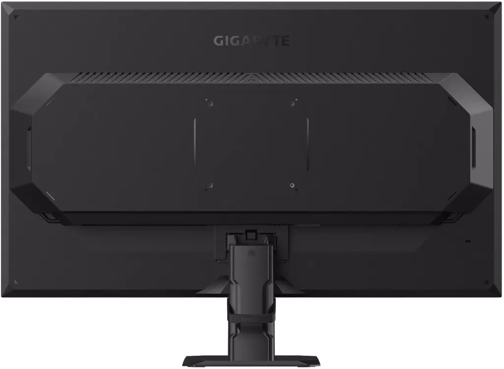 Vue arrière du moniteur GIGABYTE mettant en évidence son design épuré, son châssis noir mat et la structure robuste de son pied de support central