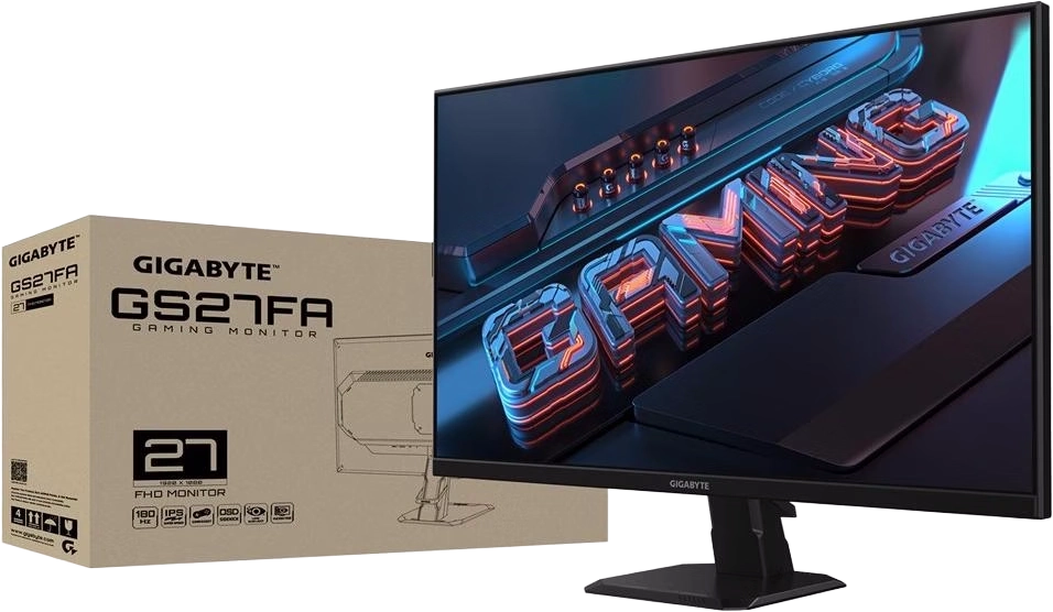Présentation du moniteur GIGABYTE GS27FA à côté de son emballage cartonné, affichant un visuel néon "GAMING" en 3D
