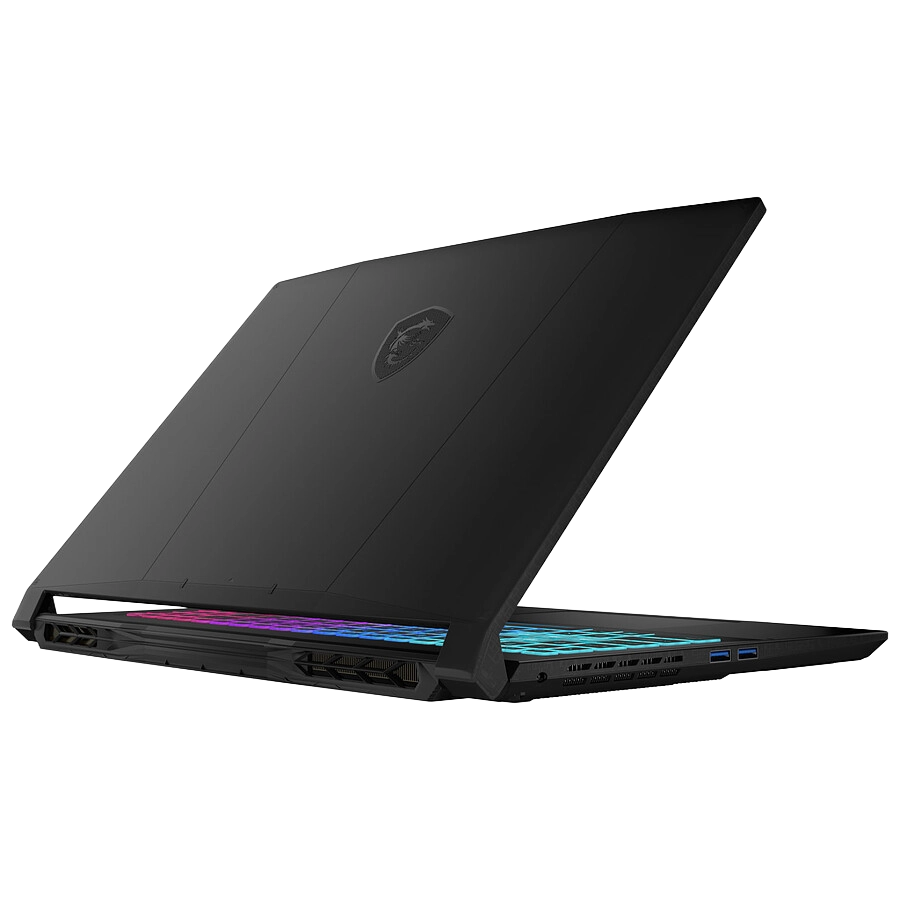 Vue arrière d'un PC portable gamer MSI Katana noir capot fermé avec logo MSI discret et clavier RGB visible soulignant un design sobre et puissant