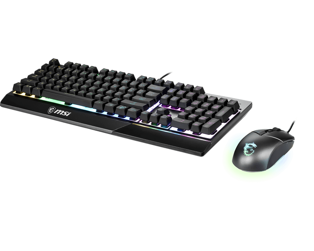 Vue de trois quarts ensemble clavier souris gamer MSI Vigor GK30 Combo FR noir avec rétroéclairage RGB dynamique pour setup PC FlowUP