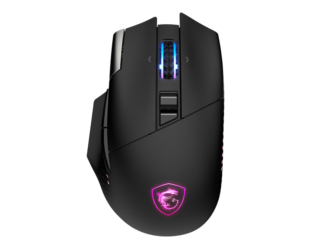 Vue de dessus souris gaming sans fil MSI Versa Pro Wireless noire avec logo rétroéclairé RGB et capteur 26000 DPI FlowUP