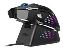 Vue de face souris gamer sans fil MSI Versa Pro Wireless sur son dock de charge magnétique avec rétroéclairage RGB FlowUP