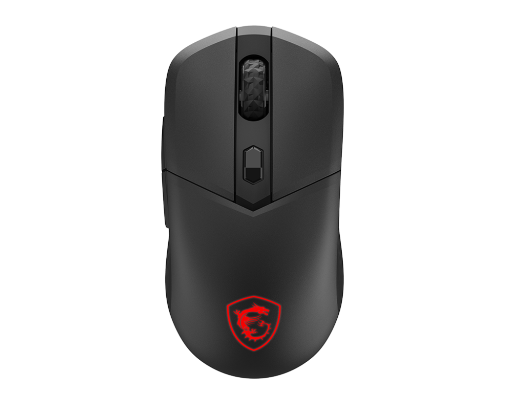Vue de dessus souris gamer sans fil MSI Versa 300 Elite noire avec molette silencieuse et logo dragon rétroéclairé RGB FlowUP