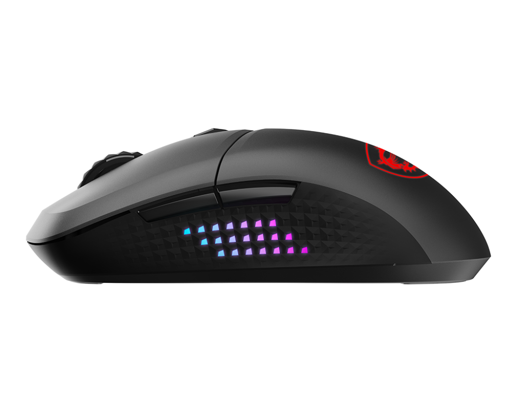Vue de profil souris gamer sans fil MSI Versa 300 Elite noire avec boutons latéraux et rétroéclairage RGB personnalisable FlowUP