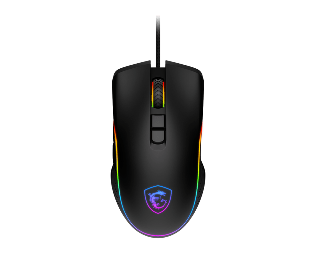 Vue de dessus de la souris gaming MSI FORGE GM300 noire montrant son design symétrique et son rétroéclairage LED RGB pour setup FlowUP