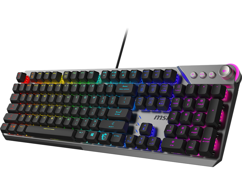 Vue de trois quarts clavier mécanique MSI Strike 600 Silent noir avec touches rétroéclairées RGB et molette de contrôle FlowUP