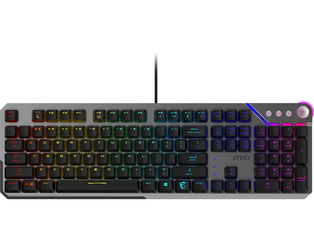 Vue de face clavier mécanique silencieux MSI Strike 600 Silent noir avec rétroéclairage RGB personnalisable et châssis métal FlowUP