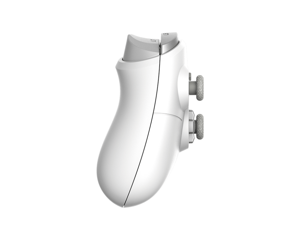 Vue de profil manette gaming MSI Force GC300W blanche montrant l'ergonomie des joysticks texturés et les gâchettes de précision FlowUP