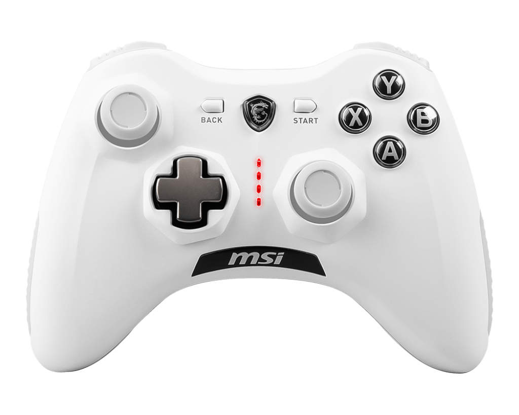 Vue de face manette gaming MSI Force GC30 V2 blanche avec sticks analogiques gris et croix directionnelle interchangeable FlowUP