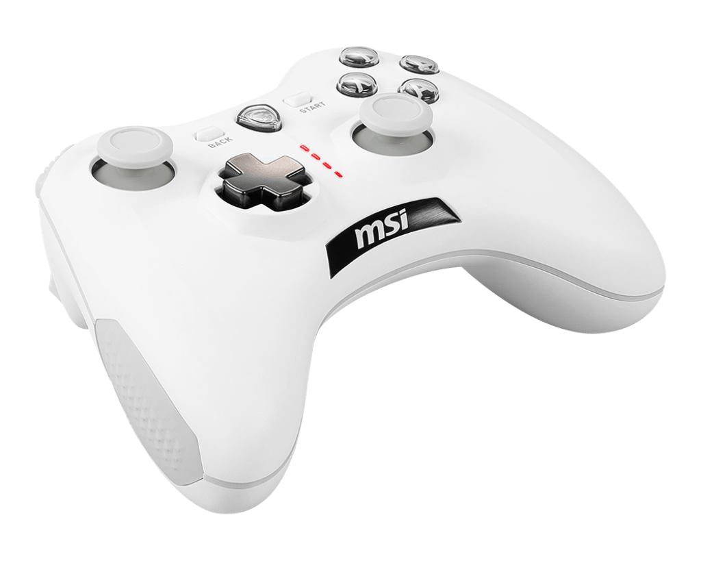 Vue de trois quarts manette sans fil MSI Force GC30 V2 blanche avec joysticks précis et croix directionnelle interchangeable FlowUP