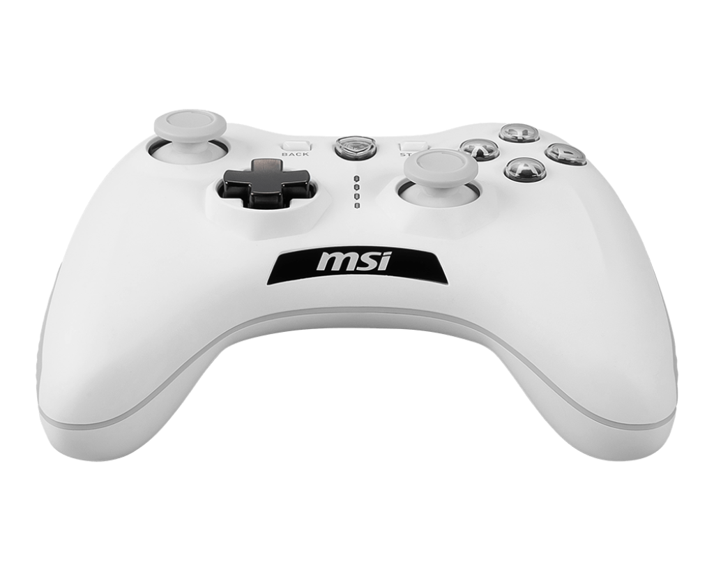 Vue de face manette sans fil MSI Force GC30 V2 blanche avec joysticks gris et croix directionnelle magnétique pour PC FlowUP