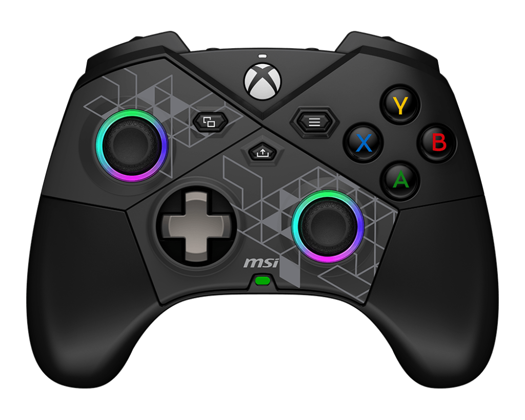 Vue de face manette sans fil MSI Force Pro Wireless noire avec sticks analogiques rétroéclairés RGB et boutons ABXY FlowUP
