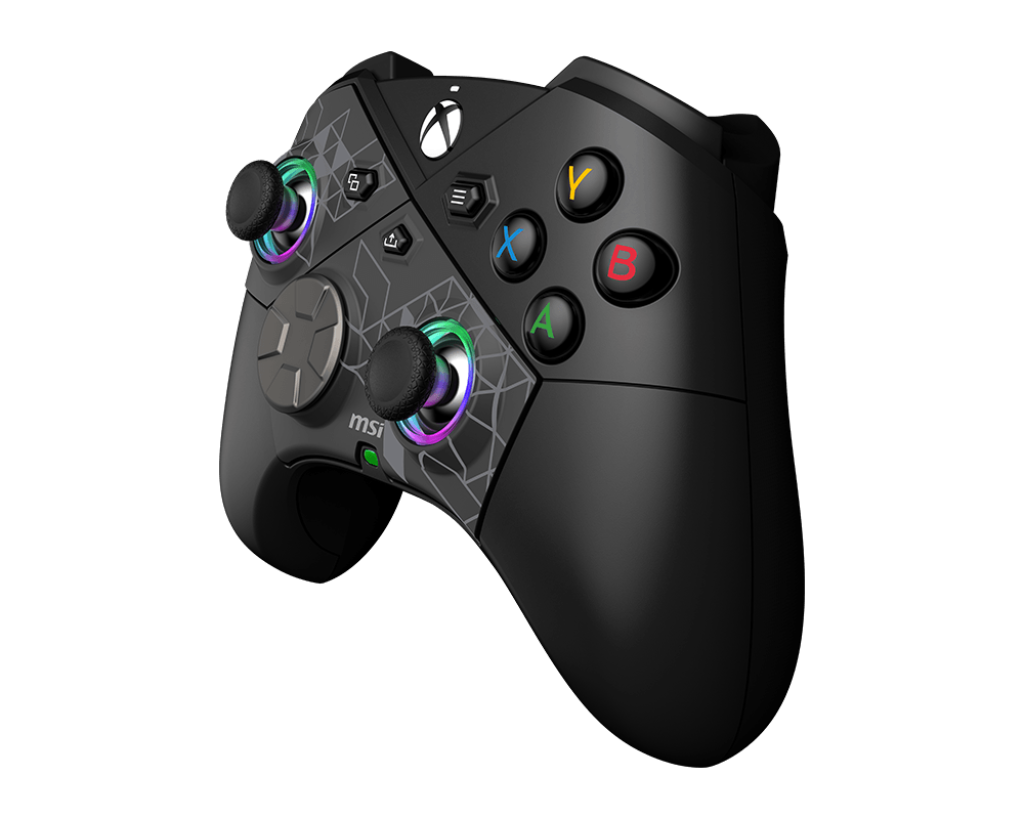Vue de trois quarts manette gaming sans fil MSI Force Pro Wireless noire avec sticks analogiques RGB et design ergonomique FlowUP