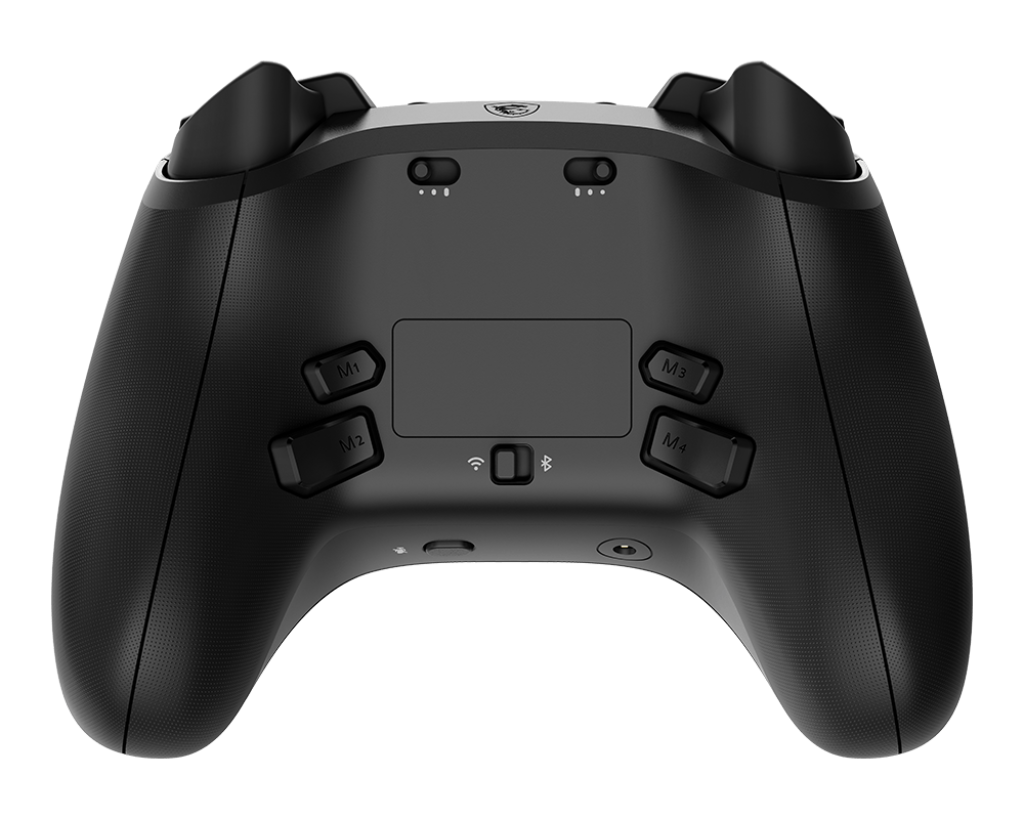 Vue arrière manette sans fil MSI Force Pro Wireless noire montrant les quatre boutons remappables et les sélecteurs de mode FlowUP