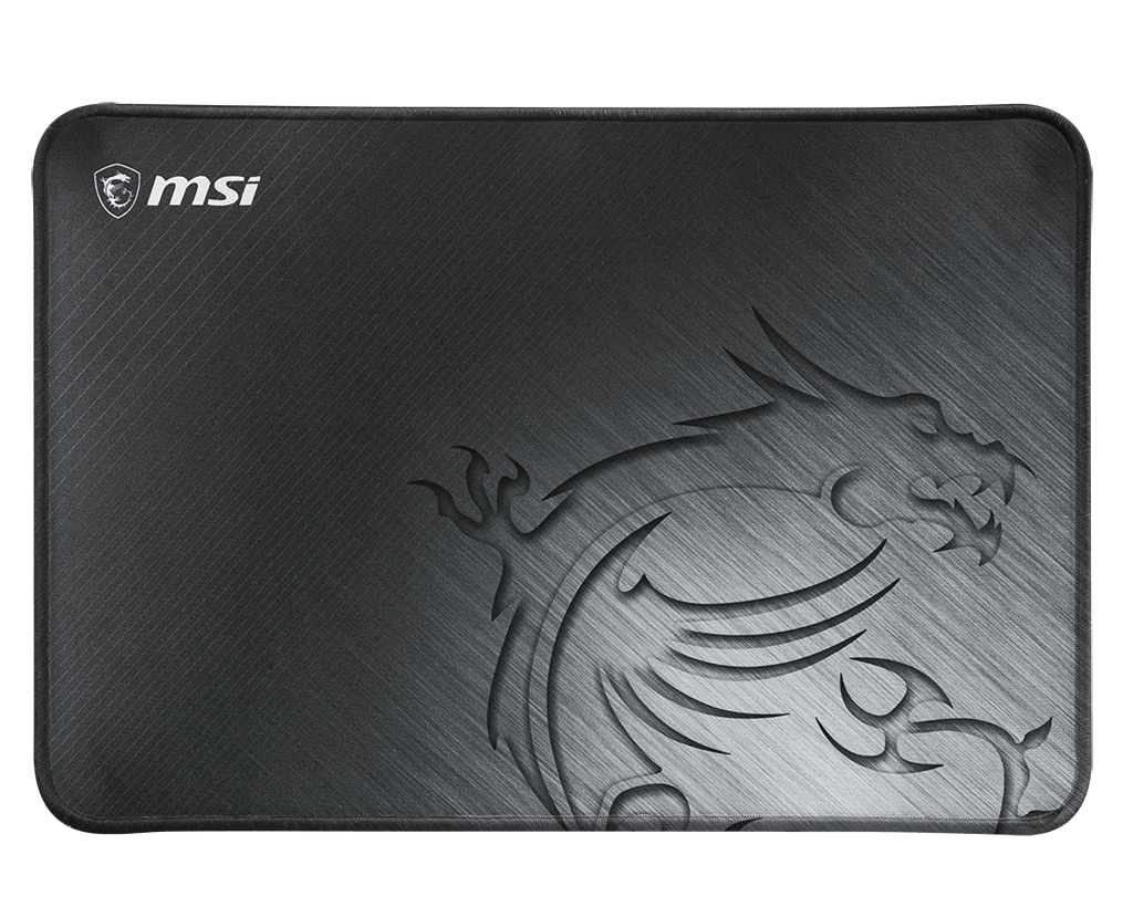 Vue de dessus du tapis de souris gaming MSI AGILITY GD21 noir avec surface micro-texturée et logo dragon pour setup FlowUP