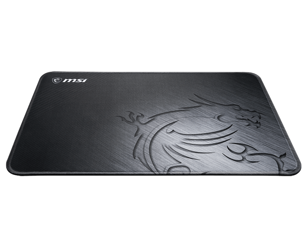 Vue de dessus du tapis de souris gaming MSI AGILITY GD21 noir avec surface micro-texturée et logo dragon pour setup FlowUP