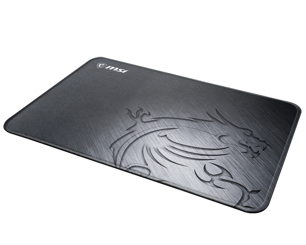 Vue de dessus du tapis de souris gaming MSI AGILITY GD21 noir avec surface micro-texturée et logo dragon pour setup FlowUP