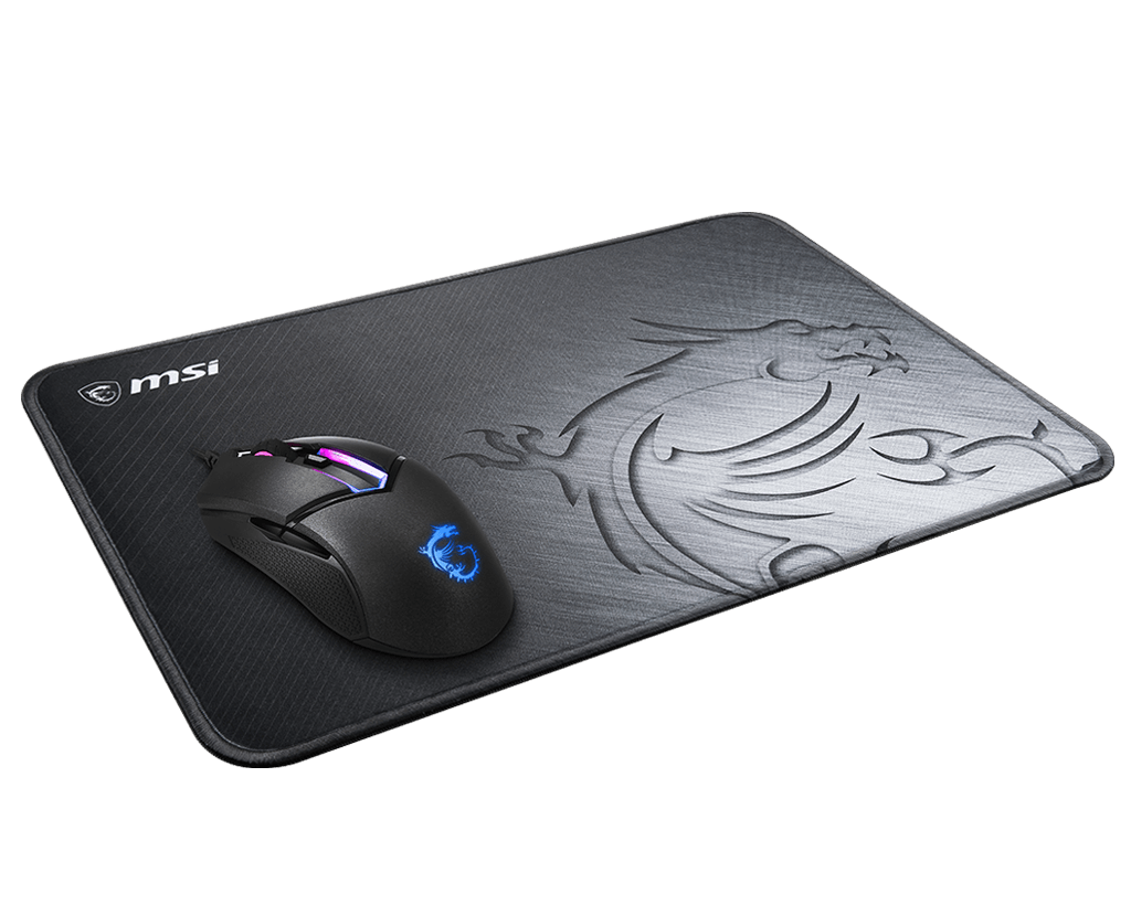 Vue de trois-quarts du tapis de souris gaming MSI AGILITY GD21 noir avec une souris posée dessus pour setup FlowUP
