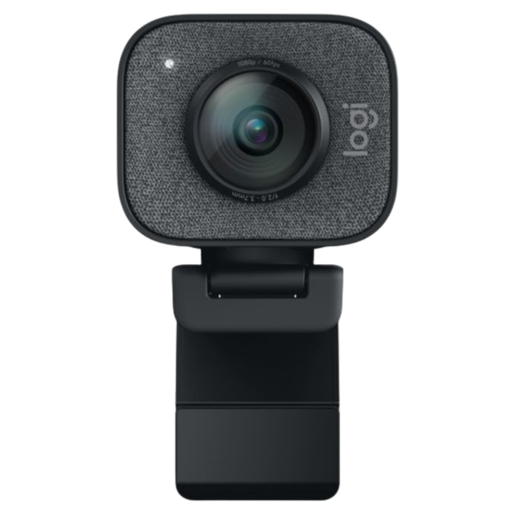 Vue de face webcam streaming Logitech StreamCam grise avec revêtement tissu et capteur haute définition 1080p 60fps FlowUP
