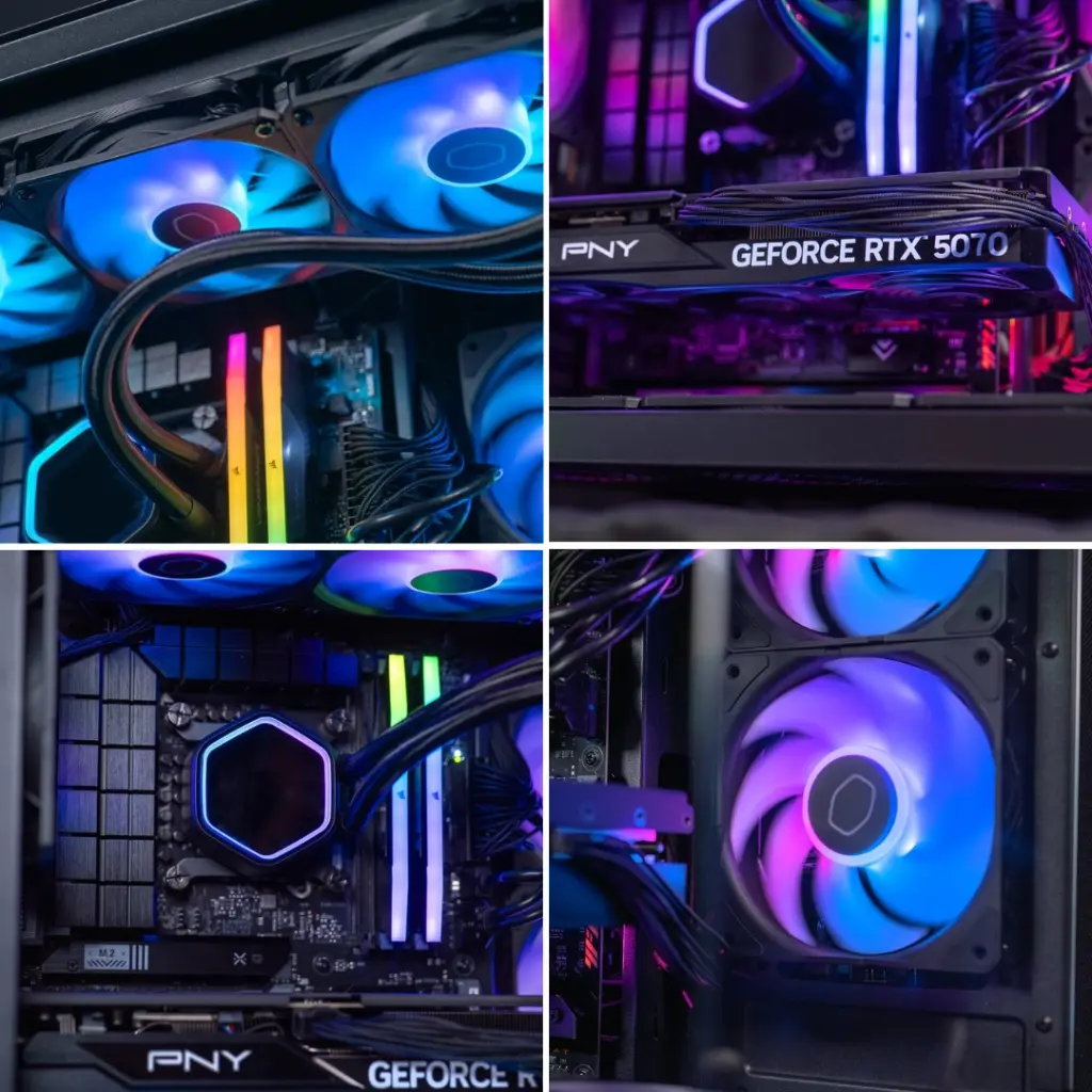 Vue multi-angles de l'intérieur du PC gamer Aqua mettant en avant le waterblock Cooler Master , la carte graphique PNY RTX 5070 et les ventilateurs rétroéclairés