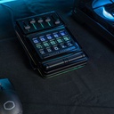 Vue de dessus console modulaire Cooler Master MasterHub avec touches LCD faders et molette sur un tapis de souris gamer FlowUP