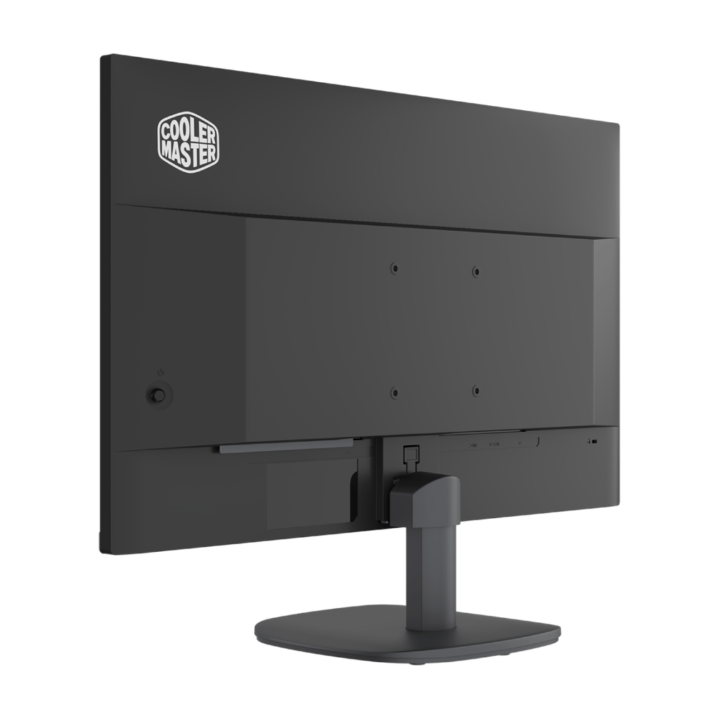 Vue arrière de l'écran Cooler Master noir en perspective montrant le logo de la marque en haut à gauche et son pied de support central ovale