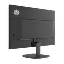 Vue arrière de l'écran Cooler Master noir en perspective montrant le logo de la marque en haut à gauche et son pied de support central ovale