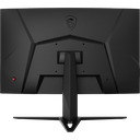 Vue de dos de l'écran PC gamer MSI incurvé montrant les finitions noires mates le logo dragon emblématique et le pied de support ergonomique robuste