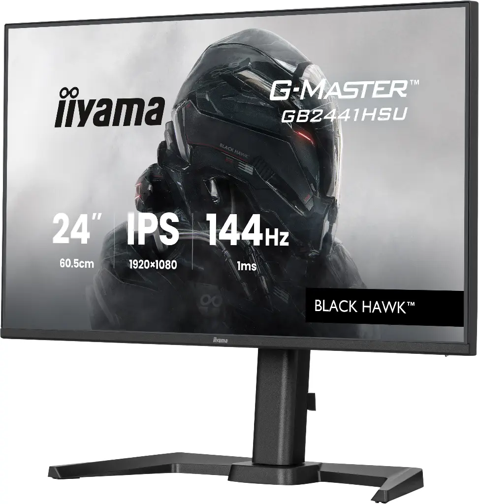 Vue de profil de l'écran PC gamer iiyama noir mettant en avant son pied de support ergonomique ajustable et son design plat aux bords fins