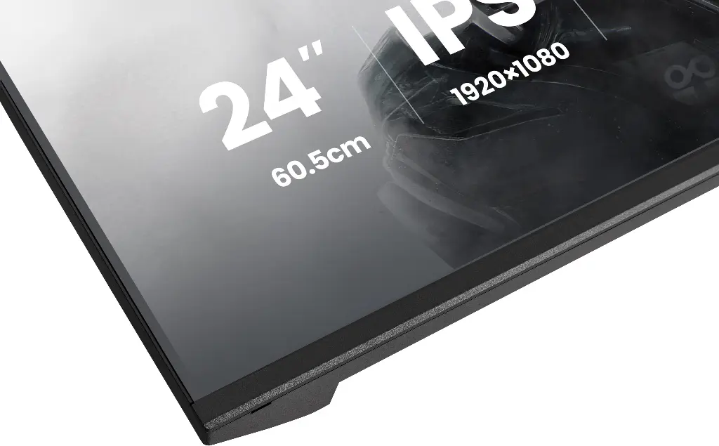 Gros plan sur l'angle inférieur gauche de l'écran iiyama montrant la finesse du cadre noir et les spécifications techniques de la dalle IPS