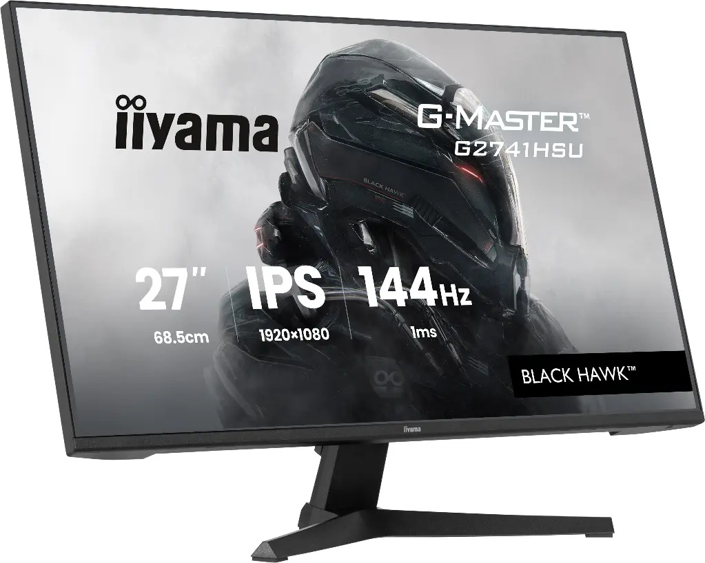 Vue de trois-quarts de l'écran PC iiyama 27 pouces affichant un casque de pilote futuriste avec ses caractéristiques 144Hz et dalle IPS