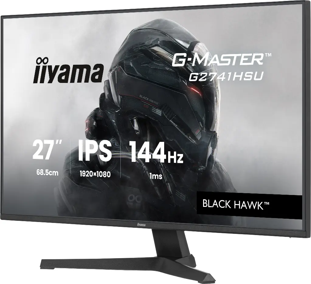 Vue de face de l'écran PC iiyama 27 pouces affichant un casque de pilote futuriste avec ses caractéristiques 144Hz et dalle IPS