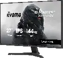 Vue de face de l'écran PC iiyama 27 pouces affichant un casque de pilote futuriste avec ses caractéristiques 144Hz et dalle IPS