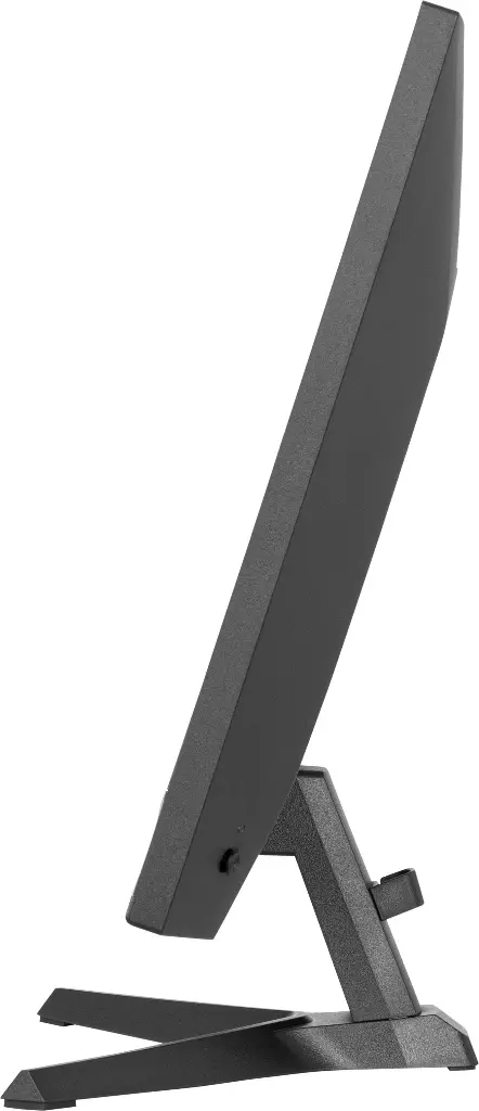 Vue de profil de l'écran iiyama 27 pouces noir soulignant la finesse de sa dalle mate et son pied de support incliné vers l'avant très stable