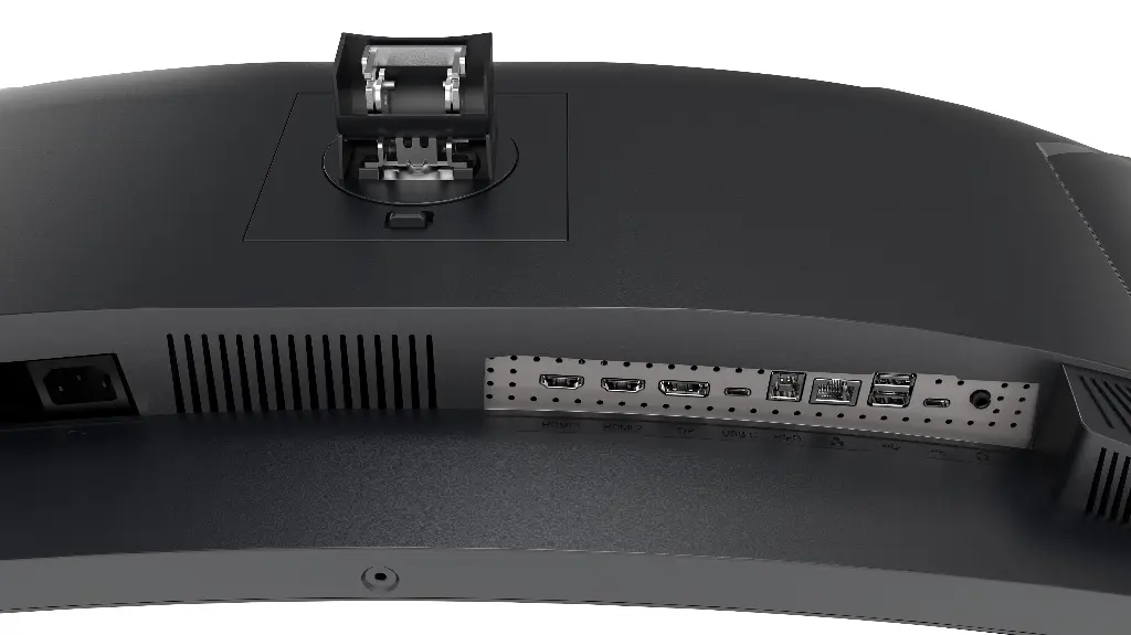 Vue de dessous de l'écran PC gamer incurvé IIyama G-Master GCB3486WQSCP-B1 Gold Phoenix avec ports HDMI, DisplayPort et commutateur KVM pour setup FlowUP.