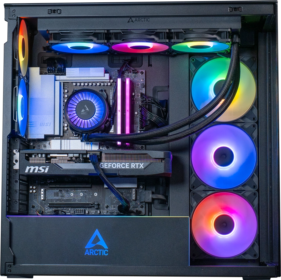 Vue intérieure complète du PC gamer Arctic GEFORCE RTX™ 5080 avec carte graphique MSI, watercooling Arctic Liquid Freezer III et ventilateurs ARGB
